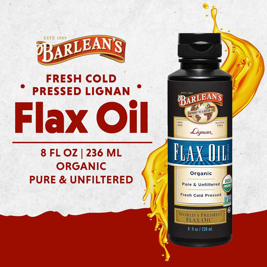 Barlean's Organic Lignan Flaxseed Oil Liquid Supplement from Cold Pressed Flax Seeds, 7,230 mg ALA Omega-3 Fatty Acids for Skin and Hair Care, Vegan & Gluten Free, 8 oz