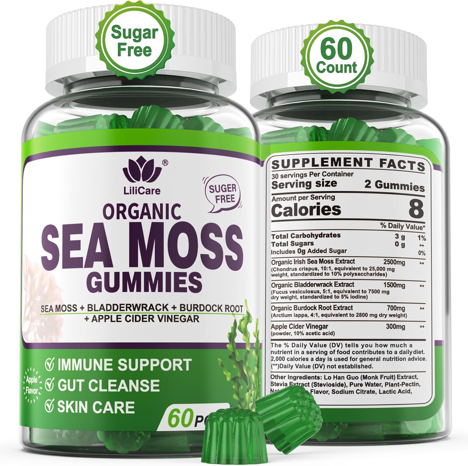 Sea Moss Gummies- Immune & Thyr0Id Support, Organic Irish Sea Moss Supplement For Adults & Kids W/Burdock Root, Bladderwrack, Apple Cider Vinegar - Gut, Skin Health, Sugar Free, Vegan, 60Cts
