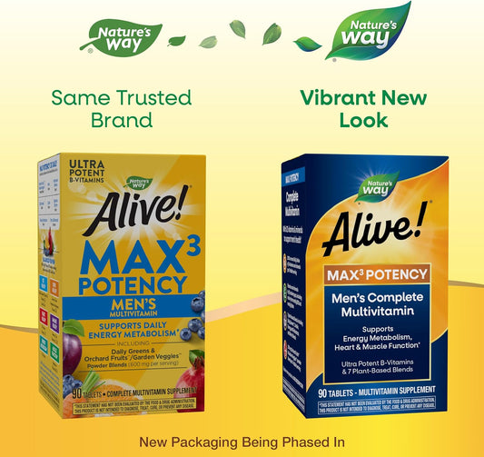 Natures Way Alive! Mens Max3 Potency Multivitamin, Supports Energy Metabolism*, Heart & Muscle Function*, B-Vitamins, Gluten-Free, 90 Tablets (Packaging May Vary)