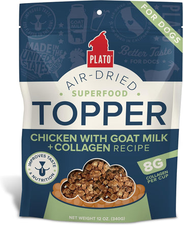 Plato Pet Treats Air Dried Dog Food Topper, Chicken With Goat Milk & Collagen Recipe, Superfood, Grain Free, Made In The Usa, 5.5Oz