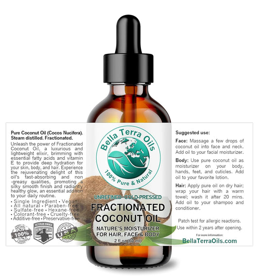 Bella Terra Oils - Organic Fractionated Coconut Oil 2 oz - Pure, Liquid Perfection, Rich in Medium-Chain Triglycerides (MCTs), A Delight for Silky Skin