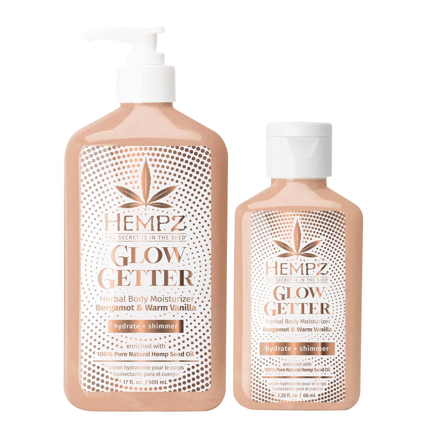 Hempz Glow Getter Body Lotion, Hydrating Moisturizer With Shimmer, 17 Oz. + Mini Glow Getter Herbal Body Moisturizer 2.25 Oz. : Beauty & Personal Care