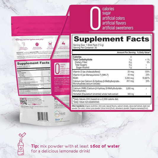 Powder Supplement For Women - With Hmb Collagen Enhancer Plus Vitamin D3 With K2, Horsetail And Biotin For Lean Muscle And Stronger Hair And Nails - 30 Powder Packets Strawberry Lemonade