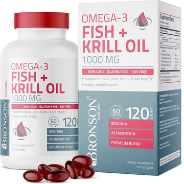 Bronson Omega-3 Fish + Krill Oil 1000 Mg Epa Dha Astaxanthin Premium Blend - Joint, Brain & Eye Health - Non Gmo, Heavy Metal Tested, 120 Softgels