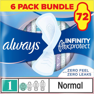 Always Infinity FlexProtect Pads Normal (Size 1) Sanitary Towels Wings 72 Pads, Up to Zero Feel, Up to Zero Leaks, Thin and Flexible Protection, Always' Softest Top layer