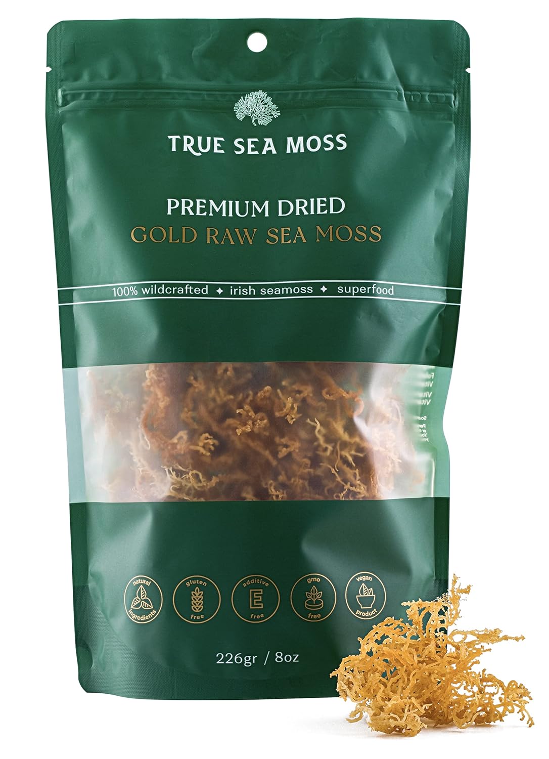 Sea Moss Raw Gold with Sea Salt, Premium Dried by TrueSeaMoss - Wildcrafted SeaMoss Raw - 100% Irish Sea Moss - Dried Sea Moss Advanced Drink Clean and Sundried (8oz)