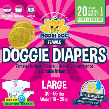 Bodhi Dog Disposable Female Dog Diapers | Super Absorbent Leak-Proof Fit | Premium Adjustable Dog Diapers With Moisture Control & Wetness Indicator | 20 Count Large Size