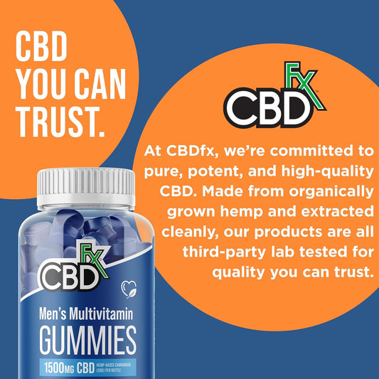 CBDfx 1500mg CBD High Strength Men's Multivitamin Gummies, Vitamins A, C, D3, E, B6, B12, Zinc, Biotin, Iodine, 60 Gummies (30 Days)