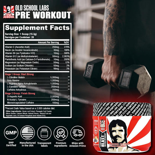 Old School Labs Ultimate 2 Stage Pre Workout for Explosive Energy, Massive Pumps & Laser Focus - Preworkout for Men & Women - Pre Workout Powder with Amino Acids - Natural Ingredients & 250mg Caffeine