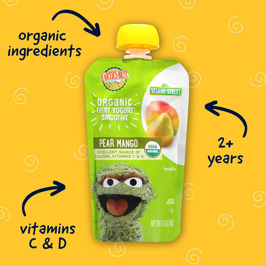 Earth'S Best Organic Kids Snacks, Sesame Street Toddler Snacks, Organic Fruit Yogurt Smoothie For Toddlers 2 Years And Older, Pear Mango, 4.2 Oz Resealable Pouch (Pack Of 12)