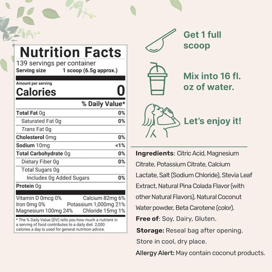 Micro Ingredients Hydration Electrolyte Powder, 2Lbs (139 Servings) | Keto & No Sugar – High Potassium (1,000Mg) With Tropical Piña Colada Flavor & Natural Coconut Water | Non-Gmo