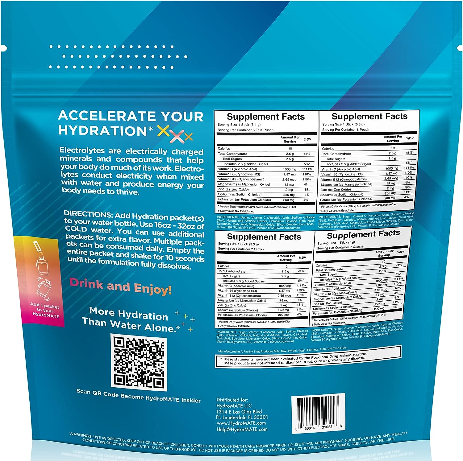 HydroMATE Electrolytes Powder Drink Mix Packets Hydration Accelerator 