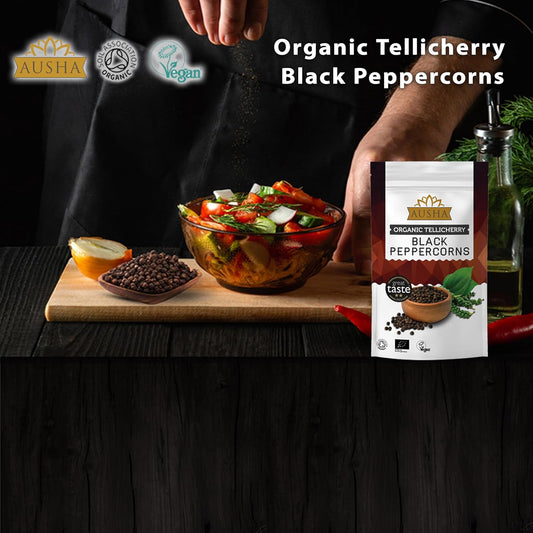 Ausha Organic Tellicherry Black Peppercorns Whole 200G - 2** Great Taste Award - Uk Certified Organic By Soil Association