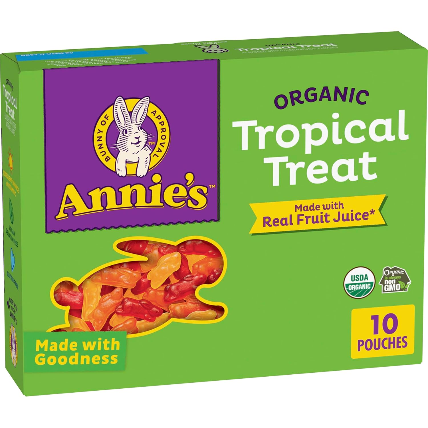Annie'S Homegrown Gluten Free Organic Bunny Fruit Snacks, Tropical Treat, 5 Ct