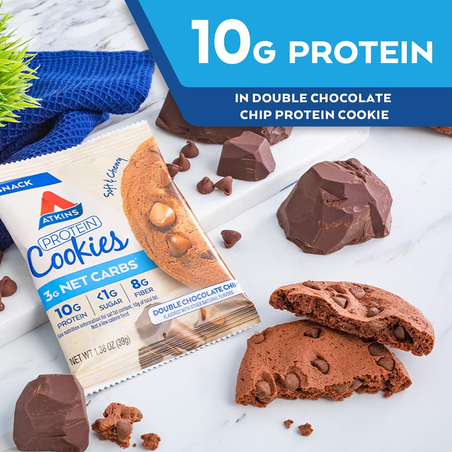 Atkins Double Chocolate Chip Protein Cookie, Protein Dessert, Rich in Fiber, 3g Net Carbs, 1g Sugar, Keto Friendly, 4 Count : Grocery & Gourmet Food