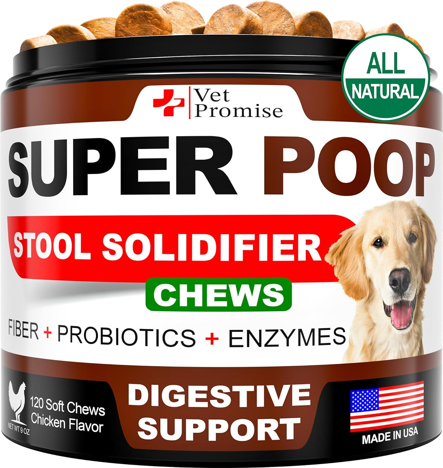 Super Poop Probiotics for Dogs - Dog Stool Softener - Fiber for Dogs Supplement - 6 Probiotics and Digestive Enzymes - Healthy Gut - Perfect for Firm Stool & Diarrhea Relief - 120 Chews