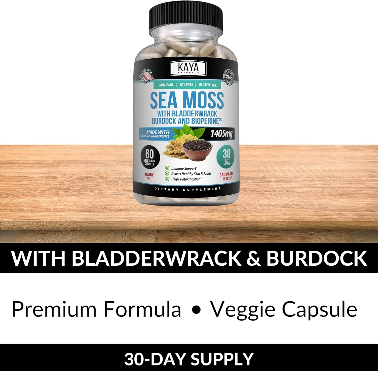 Kaya Naturals Sea Moss | Joint Supplement for Men and Women | with Organic Burdock Root, Irish Moss, Bladderwrack, and BioPerine | for Joint Health and Immune Boost, 60 Count : Health & Household