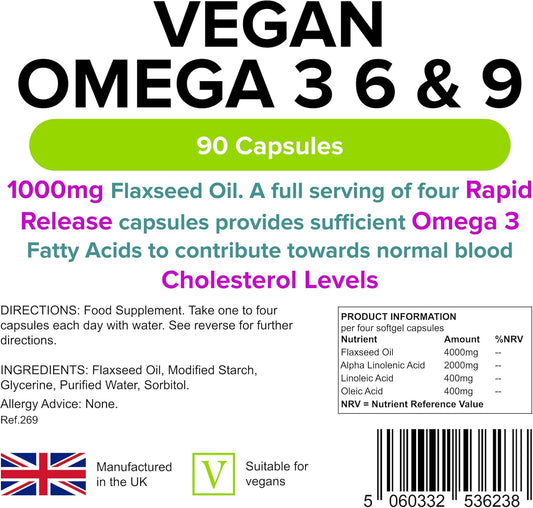 Lindens - Vegan Omega 3, 6 & 9-90 Capsules - 1000Mg Flaxseed Oil, Uk Made - Essential Omega Fatty Acids, Normal Blood Cholesterol Levels - Brain, Heart & Eyes - Letterbox Friendly