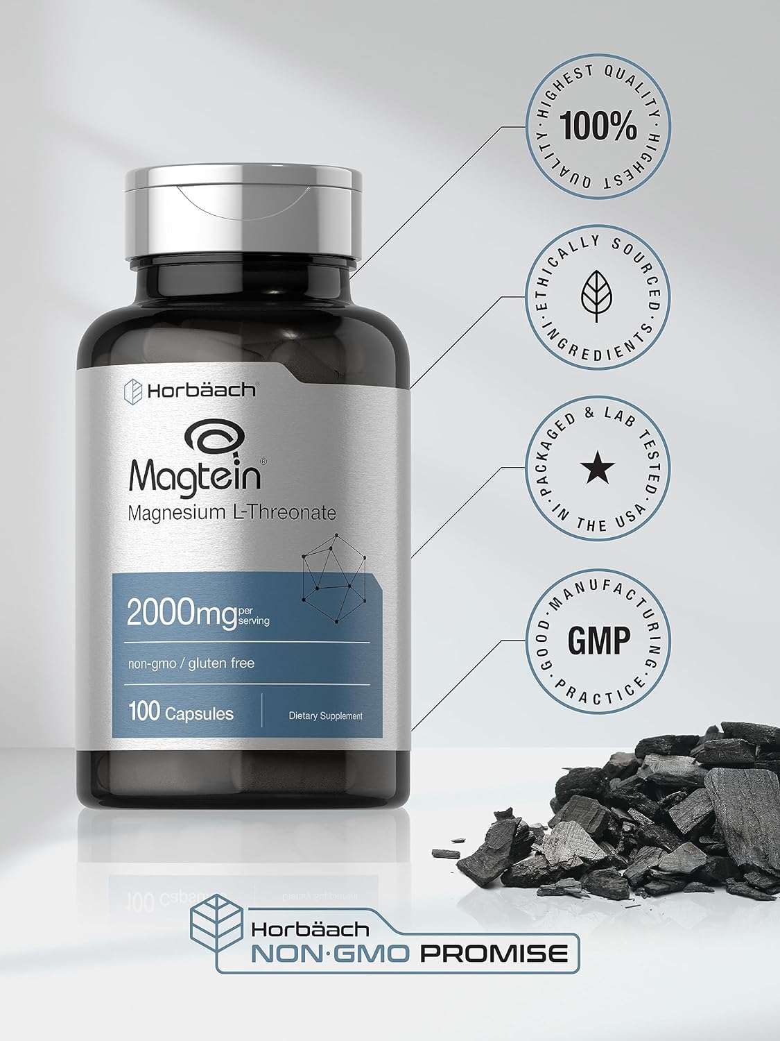 Horbäach Magtein Magnesium L-Threonate | 2000mg Supplement | 100 Capsules | for Men & Women | Non-GMO and Gluten Free : Health & Household