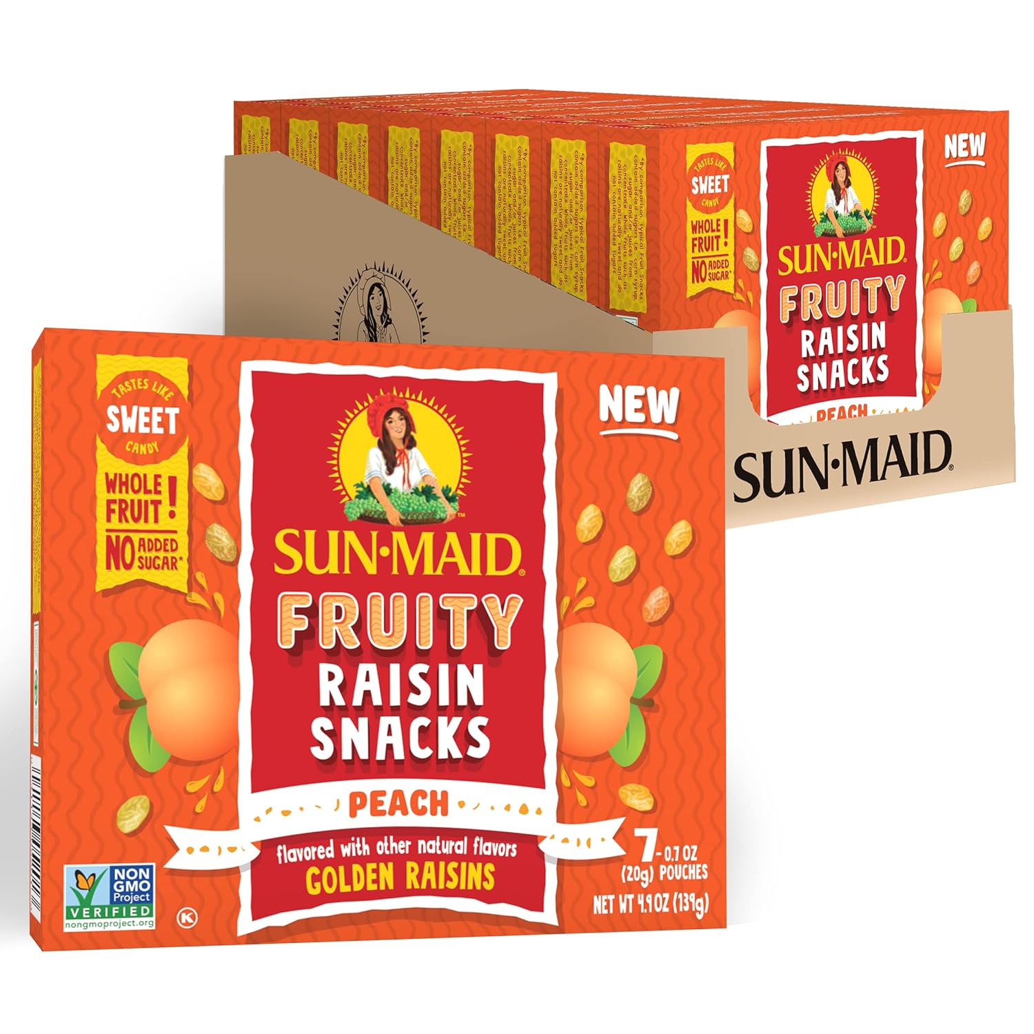 Sun-Maid Peach Fruity Raisin Snacks - (56 Pack) 0.7 Oz Pouches - Peach Raisins - Dried Fruit Snack For Lunches And Snacks