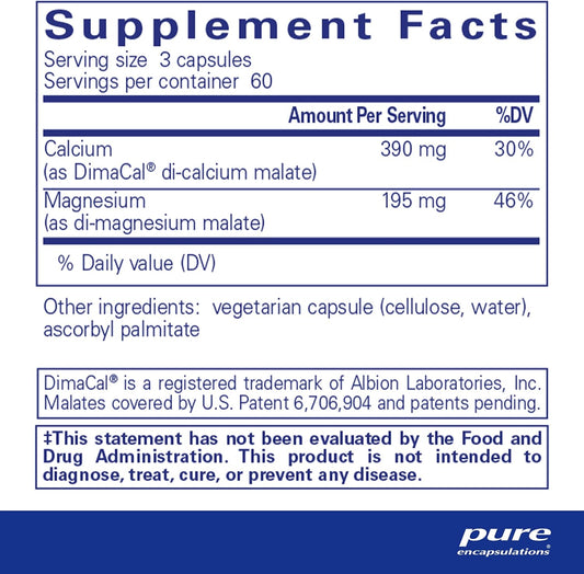 Pure Encapsulations Cal/Mag (Malate) 2:1 - Calcium & Magnesium (Malate) - Bone Health Supplement* - Optimal Absorption - Vegan & Gluten Free - 180 Capsules