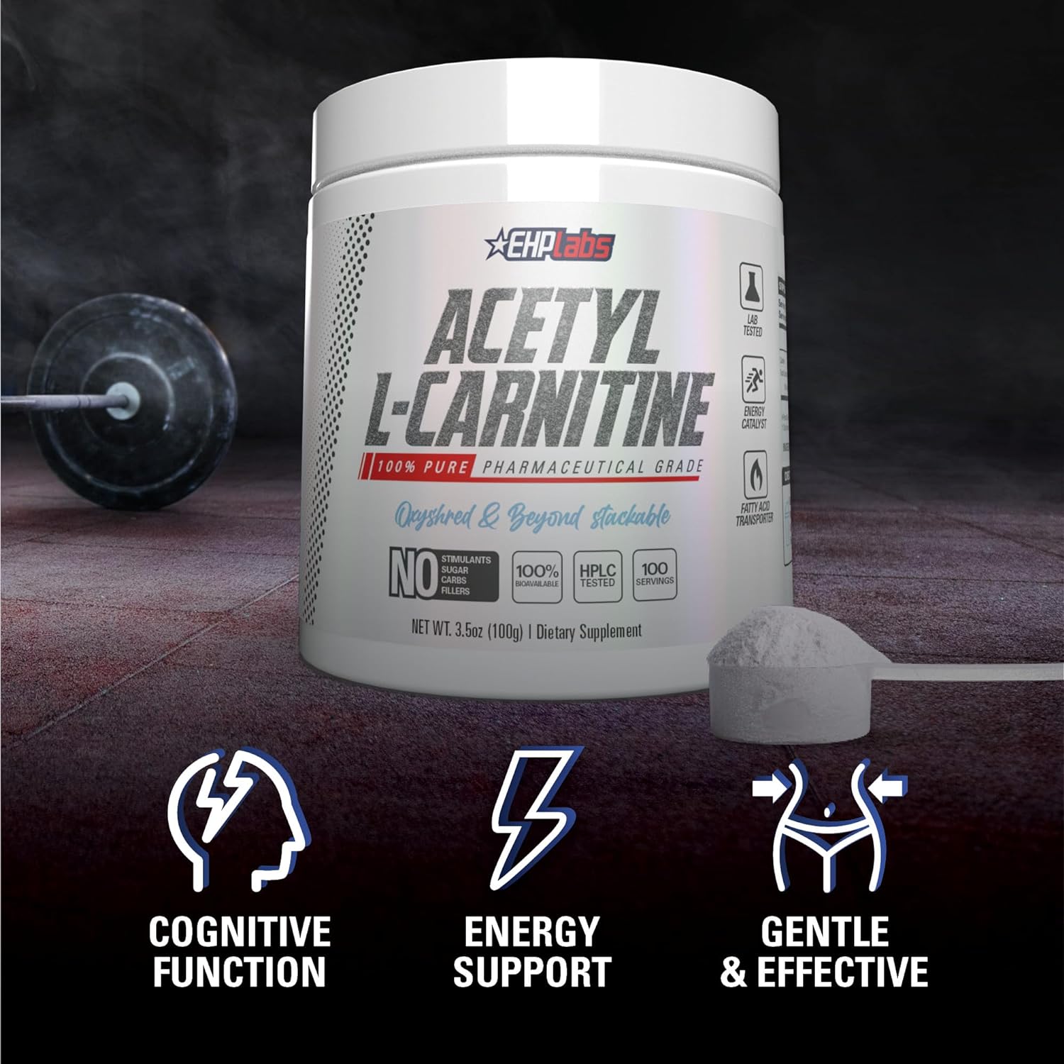 EHPlabs Acetyl L Carnitine Powder, Supports Natural Energy Production, Supports Metabolism, Assists in Healthy Brain Function, Supports Heart Health, Vegan, Gluten Free, Non GMO - 100 Servings : Health & Household