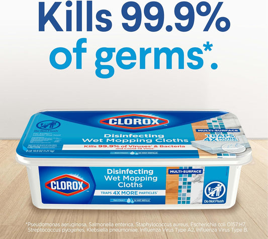 Clorox Disinfecting Wet Mop Pad, Disposable Mop Heads, Multi-Surface Floor Wipes, Rain Clean, 2 Packs, 24 Wet Refills Per Pack (Package May Vary)