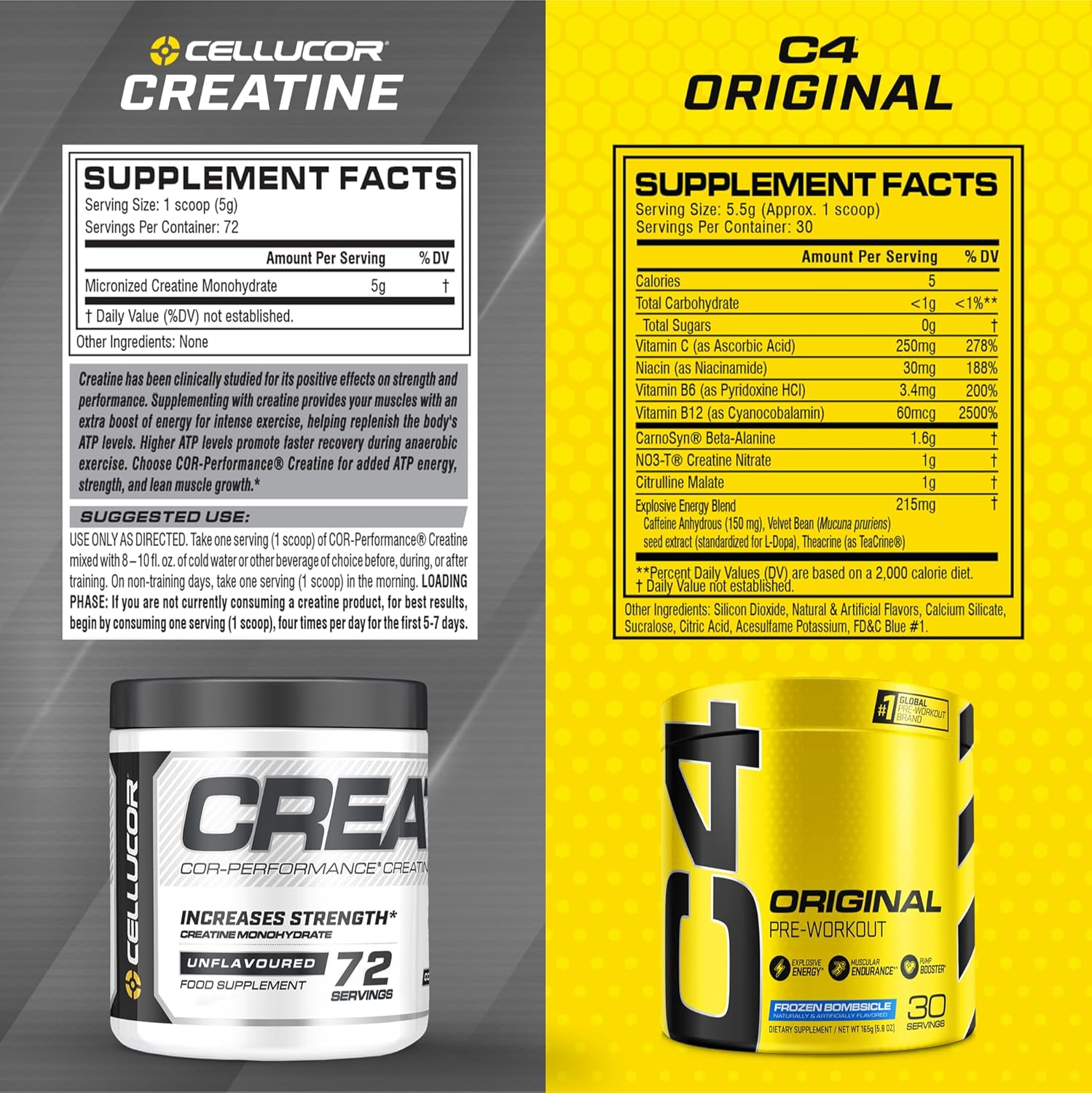 Cellucor Pre Workout & Creatine Bundle, C4 Original Pre Workout Powder, Frozen Bombsicle, 30 Servings + Cor Performance Creatine Powder, 72 Servings : Health & Household