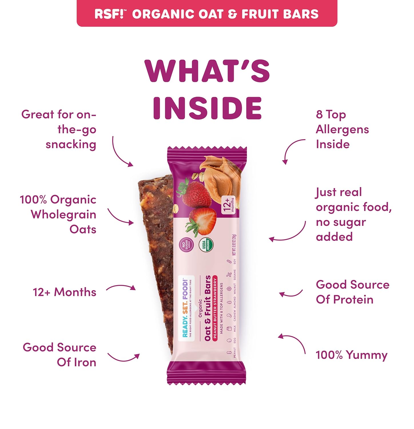 Ready, Set, Food! Organic Oat & Fruit Bars | Peanut Butter Strawberry| Organic Baby Toddler Snack Bar with 8 Top Allergens: Peanut, Egg, Milk, Cashew, Almond, Walnut, Sesame, Soy | No Sugar Added : Baby