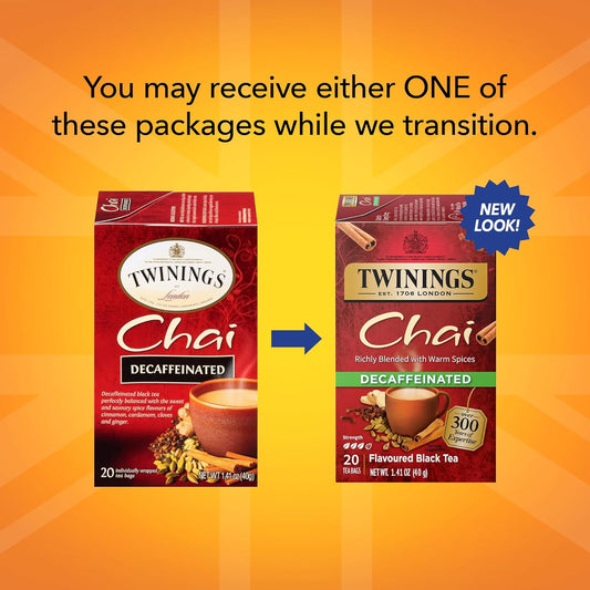 Twinings Decaffeinated Chai Individually Wrapped Bags, 20 Count (Pack Of 6), Sweet, Savoury Spices, Enjoy Hot Or Iced | Packaging May Vary