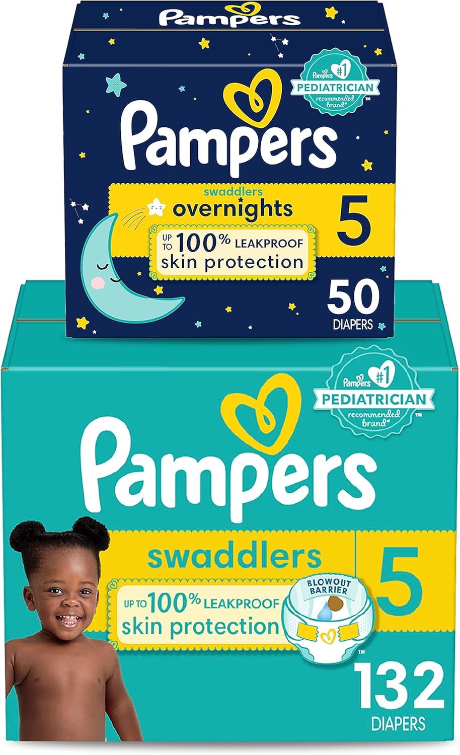 Pampers Disposable Diapers Size 5, Swaddlers One Month Supply (132 Count) + Overnight (50 Count)