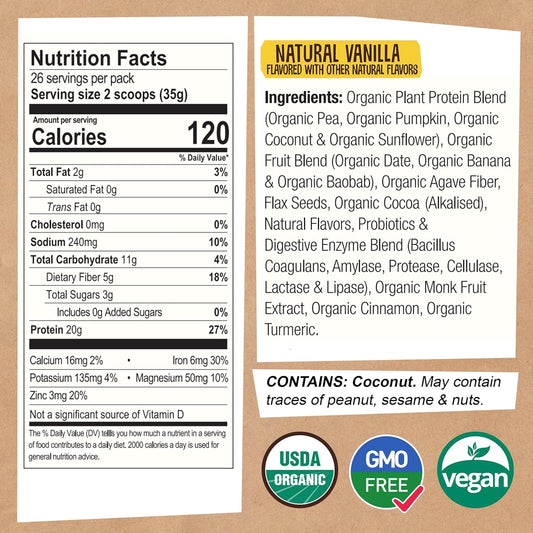 EarthChimp Organic Vegan Protein Powder - with Probiotics - Non GMO, Dairy Free, Non Whey, Plant Based Protein Powder for Women and Men, Gluten Free - 26 Servings 32 Oz (Vanilla)