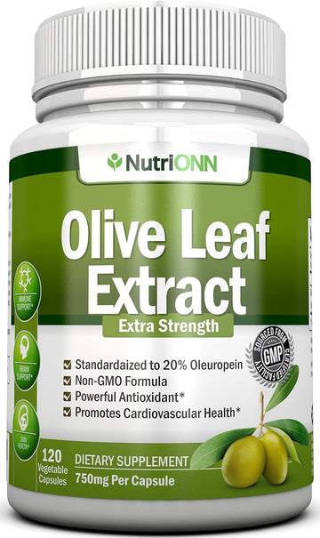 Olive Leaf Extract - 750 Mg - 120 Capsules - Extra Strength - 20% Oleuropein - Non-GMO Formula - Premium Quality From Pure Olive Leaves - Powerful Antioxidant - Great for Heart, Skin and Brain