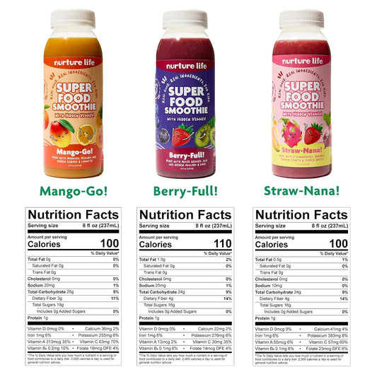 Nurture Life Superfood Smoothies, Healthy Toddler Snacks To-Go W/Hidden Fruits & Veggies, Fruit Smoothies For Kids, No Sugar Added, 6 Bottles, Variety Pack: Mango-Go, Berry-Full, & Straw-Nana Flavors
