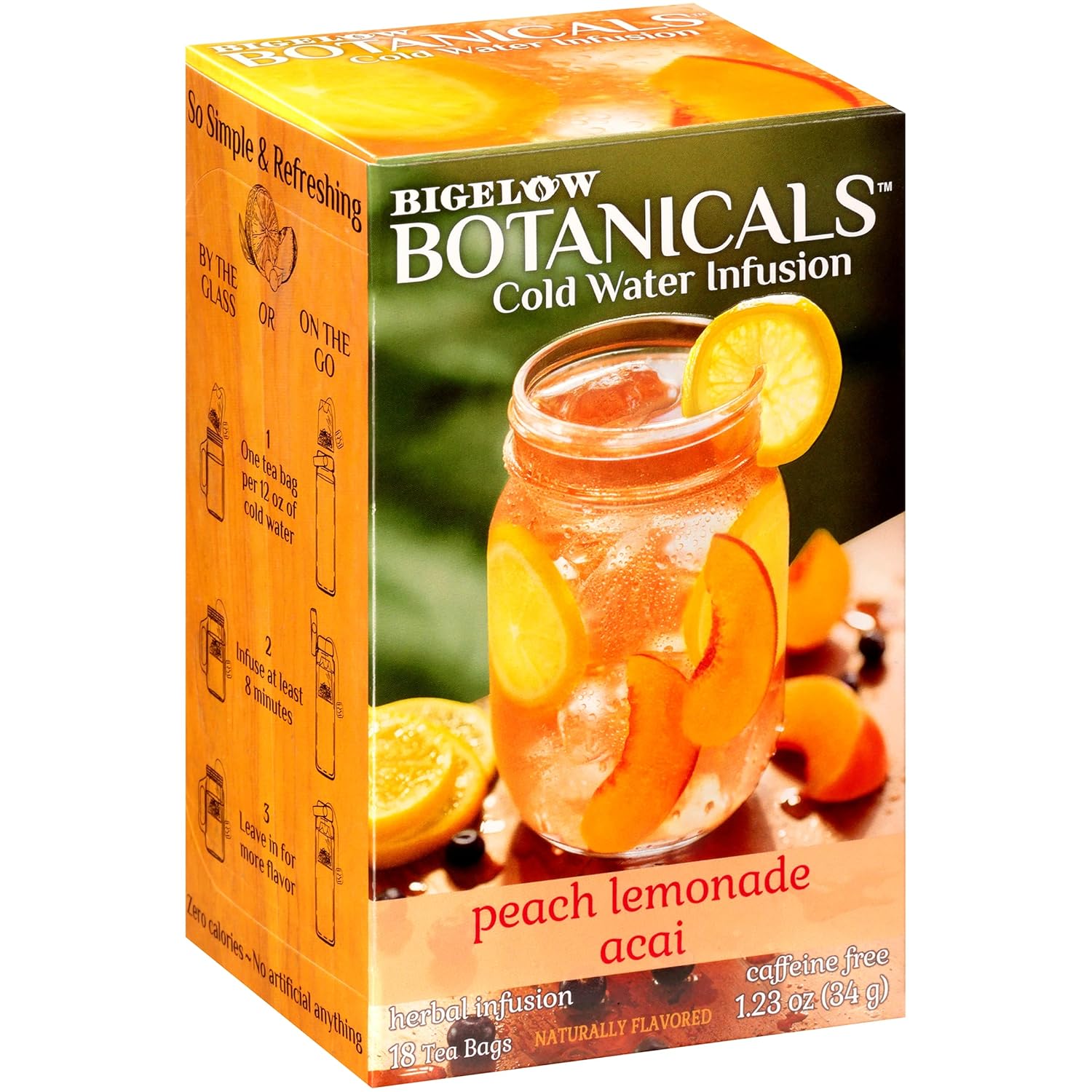 Bigelow Botanicals Cold Water Infusion Peach Lemonade With Acai, Caffeine Free Herbal Tea With Peach And Lemonade Flavor, 18 Count Box (Pack Of 6), 108 Total Tea Bags