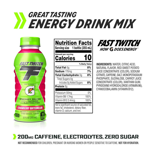 Fast Twitch Energy Drink From Gatorade, Strawberry Watermelon, 12 Oz Bottles,(Pack Of 12), 200Mg Caffeine, Zero Sugar, Electrolytes