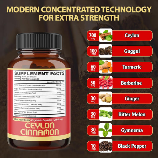 Premium Ceylon Cinnamon With Berberine Supplement - 8In1 Turmeric, Ginger, Gymnema & More - Body, Heart & Immune Support - 180 Capsules