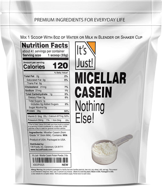 It's Just! - 100% Casein Protein Powder, Unflavored, 3lbs (48oz), Made