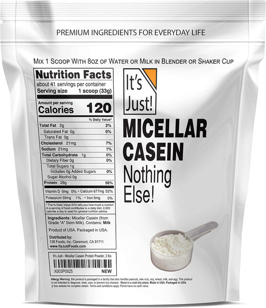 It'S Just! - 100% Casein Protein Powder, Made In Usa, One Ingredient, Slow Burning, Time Release, 6.9G Bcaas, 1G Carb, Non-Gmo (Unflavored, 3Lbs/48Oz)