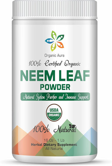Organic Aura Neem Leaf Powder (Azadirachta Indica). 100% Pure Neem, Raw and Green. USDA Certified Organic Neem for Immune Support, Skin, and Hair. Naturall Source of Antioxidants and Detox