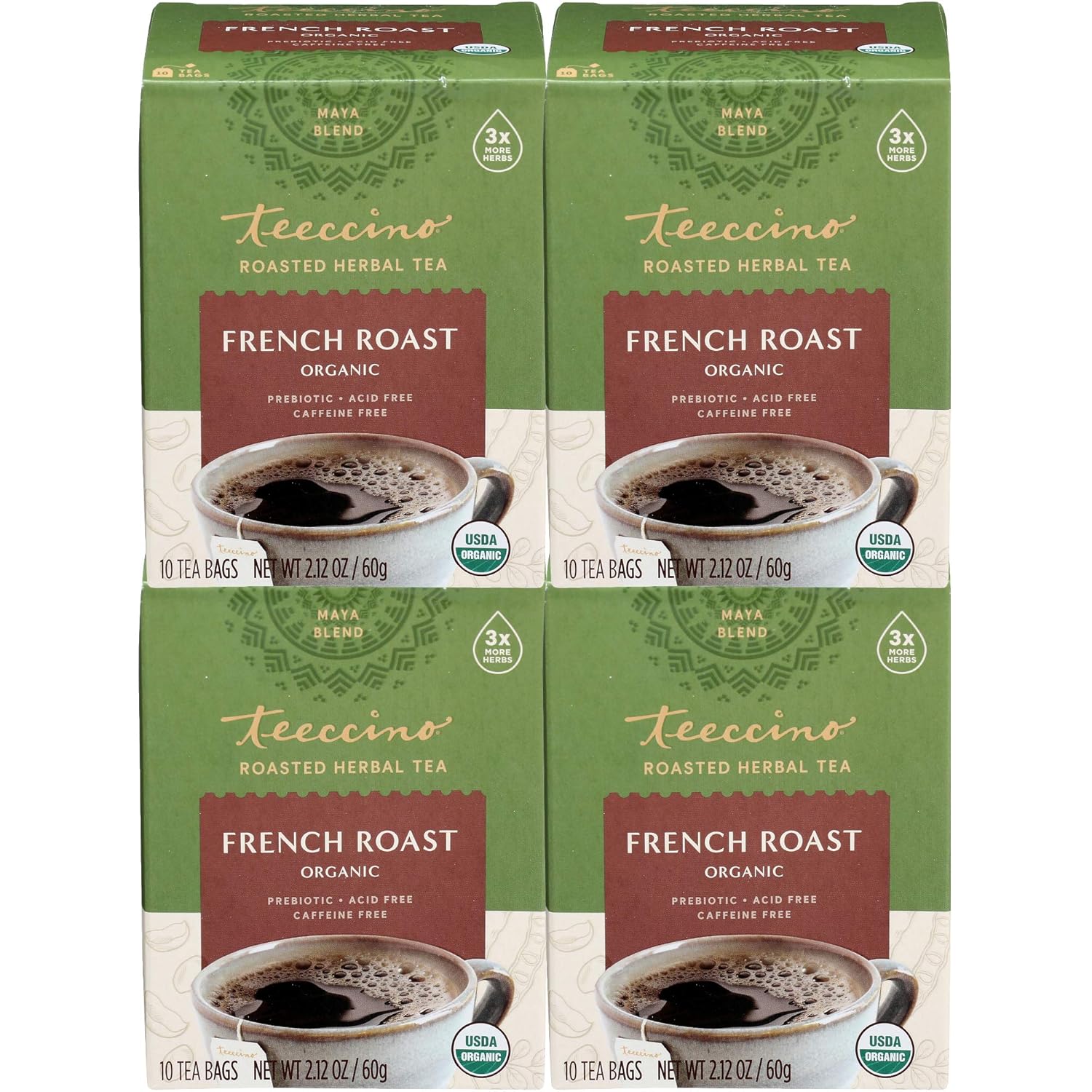 Teeccino French Roast Herbal Tea - Rich & Roasted Herbal Tea That’S Caffeine Free & Prebiotic For Natural Energy, Coffee Alternative, 10 Tea Bags (Pack Of 4)