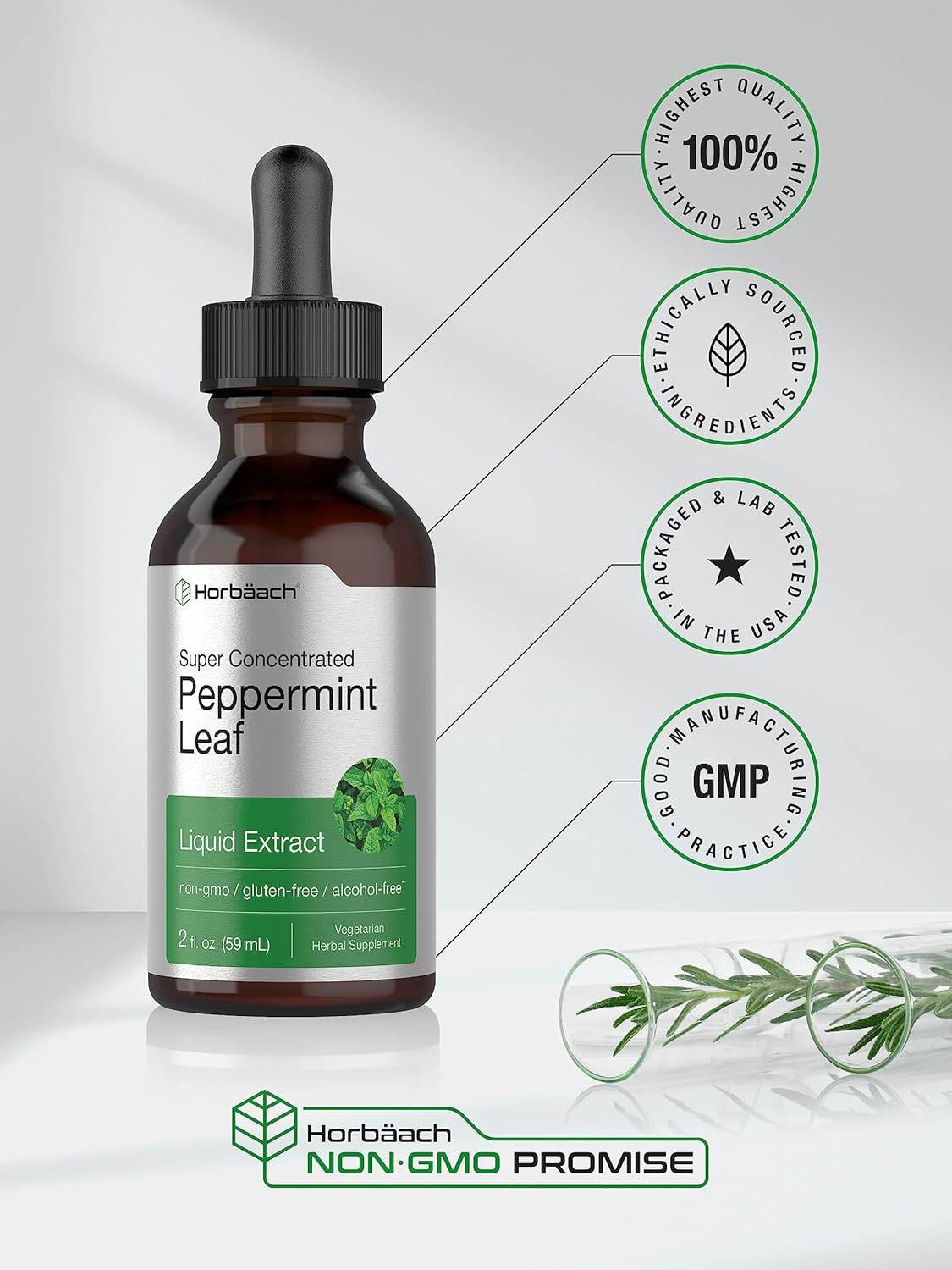 Horbäach Peppermint Leaf Liquid Extract | 2 fl oz | Vegetarian, Non-GMO & Gluten Free Herbal Supplement : Health & Household