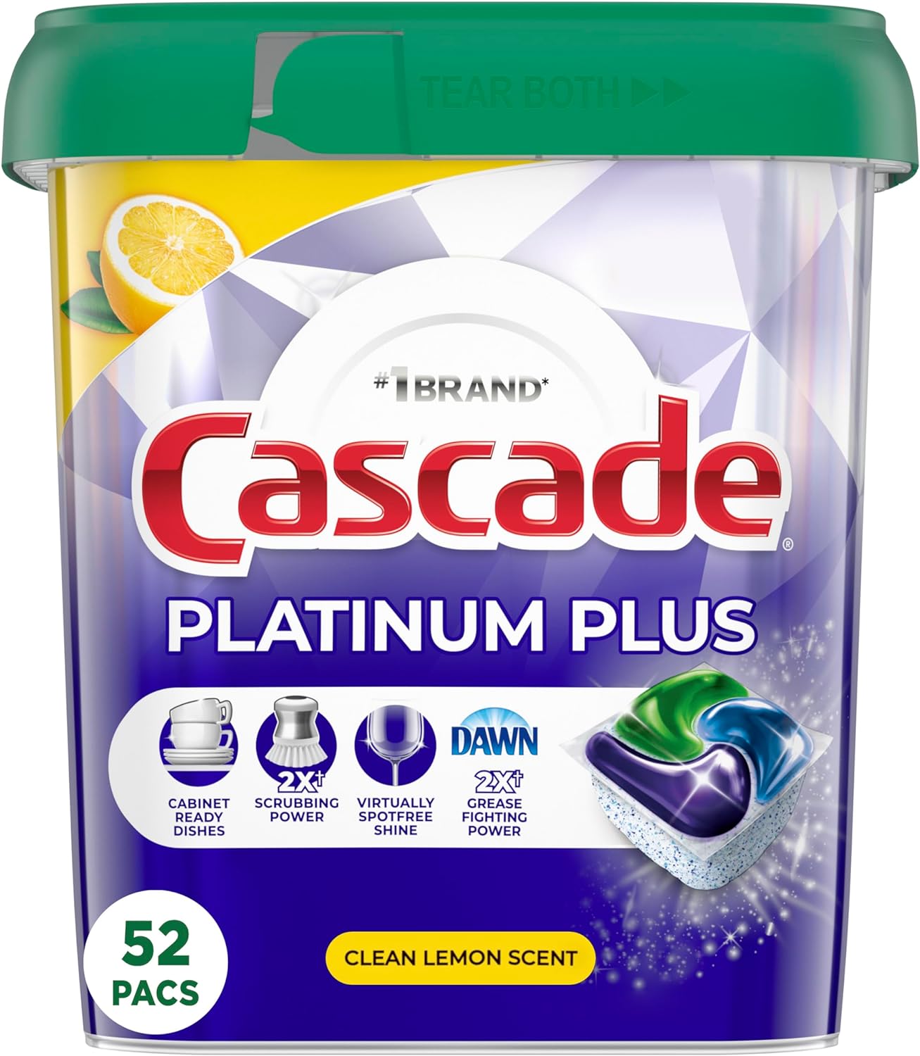 Cascade Platinum Plus Dishwasher Pods, Dish Detergent ActionPacs, Clean Lemon, 52 Count