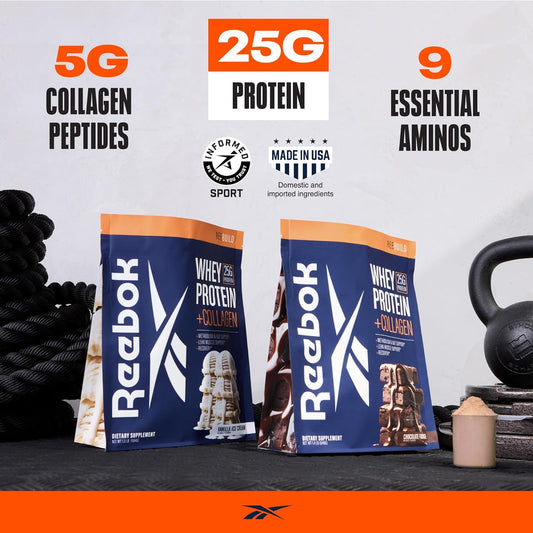 Reebok Whey Protein Powder + Collagen Peptides | 25G Protein With 9 Essential Amino Acids | Muscle Recovery, Joint & Gut Support | Informed-Sport Certified | Reebuild Vanilla Ice Cream Flavor, 1.3 Lb