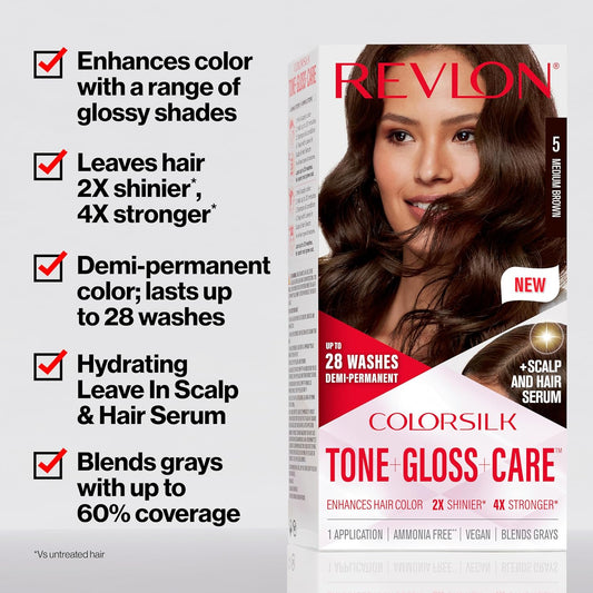 Revlon Colorsilk Tone + Gloss + Care Demi Permanent Hair Color, Hair Dye With Leave In Scalp And Hair Serum, 2X Shinier, 4X Stronger, 4 Dark Brown, 4.5 Fl. Oz