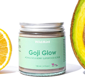 WildMint Goji Glow Natural Scrub | Exfoliating & Renewing Body & Face Scrub for Dry Skin | Gently Removes Dead Skin | Helps Acne & Hyperpigmentation | UK Made Vegan & Cruelty-Free Skincare | 120ml