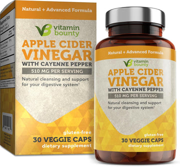 Vitamin Bounty Apple Cider Vinegar Capsules - Apple Cider Vinegar Pills With Cayenne Pepper Capsules Organic, Apple Cider Vinegar With Mother, Acv Capsules, Digestive Support - 510Mg, 30 Capsules