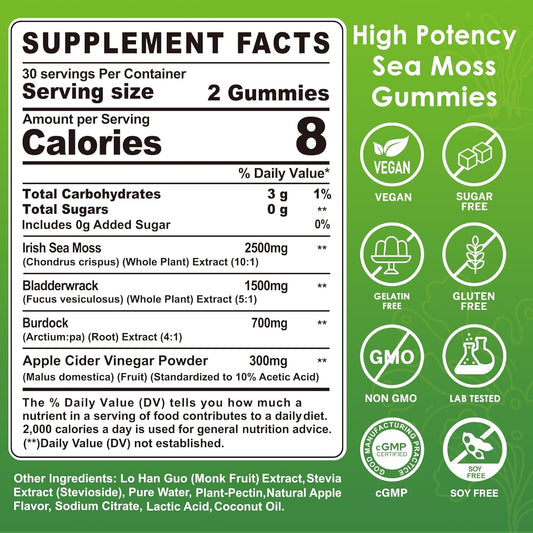 Sea Moss Gummies - Irish Sea Moss Gummies For Adults & Kids - Advanced Superfood Seamoss Supplement With Organic Bladderwrack & Burdock Root Extract,Acv For Daily Immune, Gut Cleanse, Vegan, 60 Counts