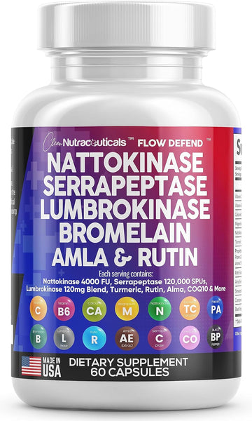 Clean Nutraceuticals Nattokinase 4000 Fu Serrapeptase 120000 Spu Lumbrokinase Enzyme Supplement With Bromelain Papain Papaya Enzymes Rutin Extract Amla Magnesium Vitamin B6 & Vit C Capsules