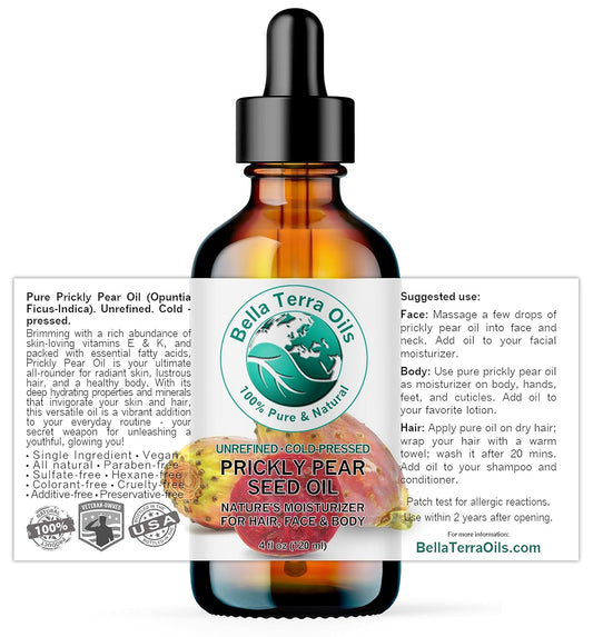 Bella Terra Oils - Prickly Pear Oil 4 oz - Extracted from Cactus Pear, Enriched with Omega-6, Vitamin K, Experience The Opulence of Nature